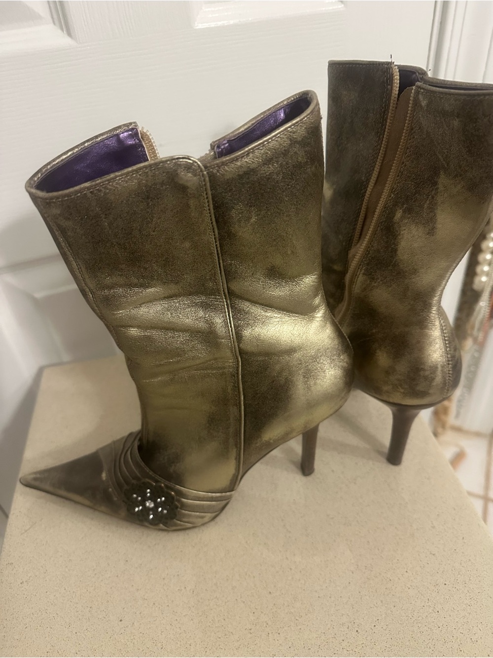 Metallic Bronze Leather Pointed-Toe Stiletto Boots